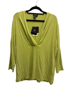 NWT Doncaster Bright Lime Green 3/4 Sleeve V-Neck Blouse Top Stretch Soft Size L